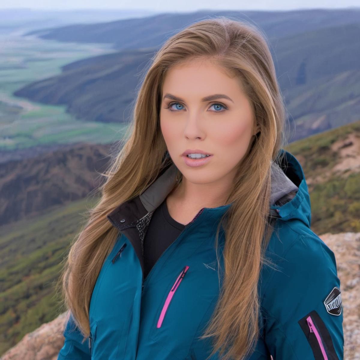 A Young Woman with Blue Eyes and Blonde Hair Wearing a Blue Jacket and Pink Stripe Posing on a Mountain Top.