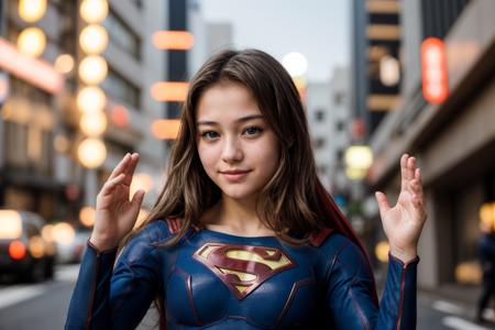 DC movies,photo of a 18 year old girl,supergirl,clapping hands,happy,outdoor,windy,on the street,tokyo,ray tracing,detail shadow,shot on Fujifilm X-T4,85mm f1.2,sharp focus,depth of field,blurry background,bokeh,lens flare,motion blur,<lora:add_detail:1>,