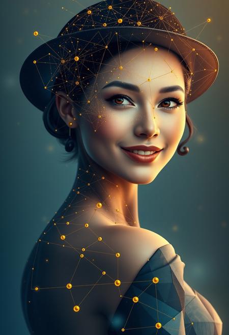 a photorealistic depiction of a beautiful refined charming female with perfect physique and short neck, light makeup. The image is adorned with intricate geometric patterns and golden dots connected by fine lines, forming a network of constellations across the figure's smily face and hat. The lower part of the figure dissolves into abstract shapes, blending seamlessly with the background. The use of gold and blue accentuates key features, adding a futuristic and surreal quality to the image. Art style: digital art, by artist Rafal Olbinski and artist James Jean.