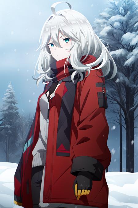 1girl, solo, medium hair, looking at viewer, bangs, hair between eyes, ahoge, grey hair, cyan eyes, winter, winter jacket, winter gloves, fur jacket, scarf, vera_rustamova