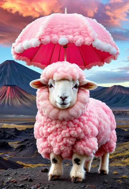 animal_focus, no_humans, <lora:SDXLCottonCandy:.666> , cute anthropomorphic sheep made of cottoncandy with a parasol and bonnet, in a hellish volcanic landscape, 
Surreal, unsettling juxtaposition,