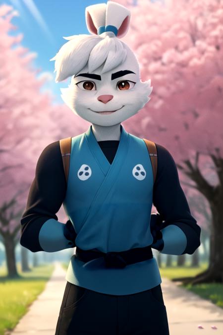 usagi_yuichi, rabbit boy, solo, 1boy, brown eyes, white hair, male focus, rabbit ears, rabbit, furry male, topknot