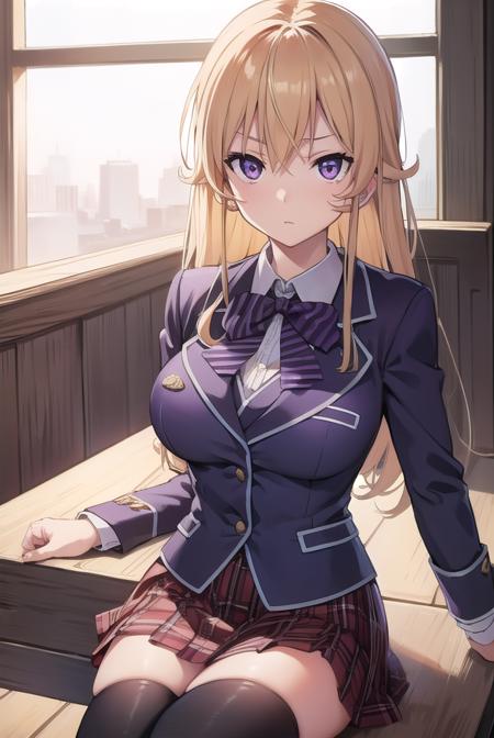 erinanakiri, <lora:erinanakiri:1>, erina nakiri, blonde hair, (medium breasts:1.2), (purple eyes:1.5), BREAK bow, red bow, skirt, thighhighs, school uniform, jacket, pleated skirt, black thighhighs, zettai ryouiki, plaid, plaid skirt, blazer, BREAK looking at viewer, BREAK outside, BREAK <lora:GoodHands-vanilla:1>, (masterpiece:1.2), best quality, high resolution, unity 8k wallpaper, (illustration:0.8), (beautiful detailed eyes:1.6), extremely detailed face, perfect lighting, extremely detailed CG, (perfect hands, perfect anatomy),