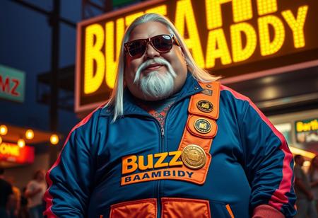 Buzz Daddy is a larger-than-life character, exuding charisma with a signature grin reminiscent of Riccardo Villalobos. His playful, lighthearted aura contrasts with his bulky, chubby physique. He’s decked out in a corporate tracksuit with vibrant psychedelic details, featuring a standout orange piece that reads “The Road to Torino.” His look is completed by a massive yogurt buckle shaped like a buzz coin, long, straight white hair, and a rugged Harley biker-style mustache and beard that add a tough, custom flair. His Ray-Ban Wayfarer goggles reflect the electric glow of digital yellow signs, while he mischievously tosses stacks of Buzz coins around.
Buzz Daddy’s personality is zany, artistic, and captivating—his presence radiates the vibe of a meme king who thrives on humor and unpredictability. In the scene, “Buzz Daddy” is showcased in luminous, cinematic letters, whether displayed on a neon-lit billboard, a glowing mural, or boldly printed across his ultra-realistic jacket. The composition merges digital and artistic styles, creating a playful yet composed visual experience. The atmosphere is surreal and meme-driven, highlighting Buzz Daddy’s larger-than-life persona with influences from aidmafluxpro1.1, aidmaMJ6.1, and aidmahyperrealism, ensuring an unforgettable visual impact.
