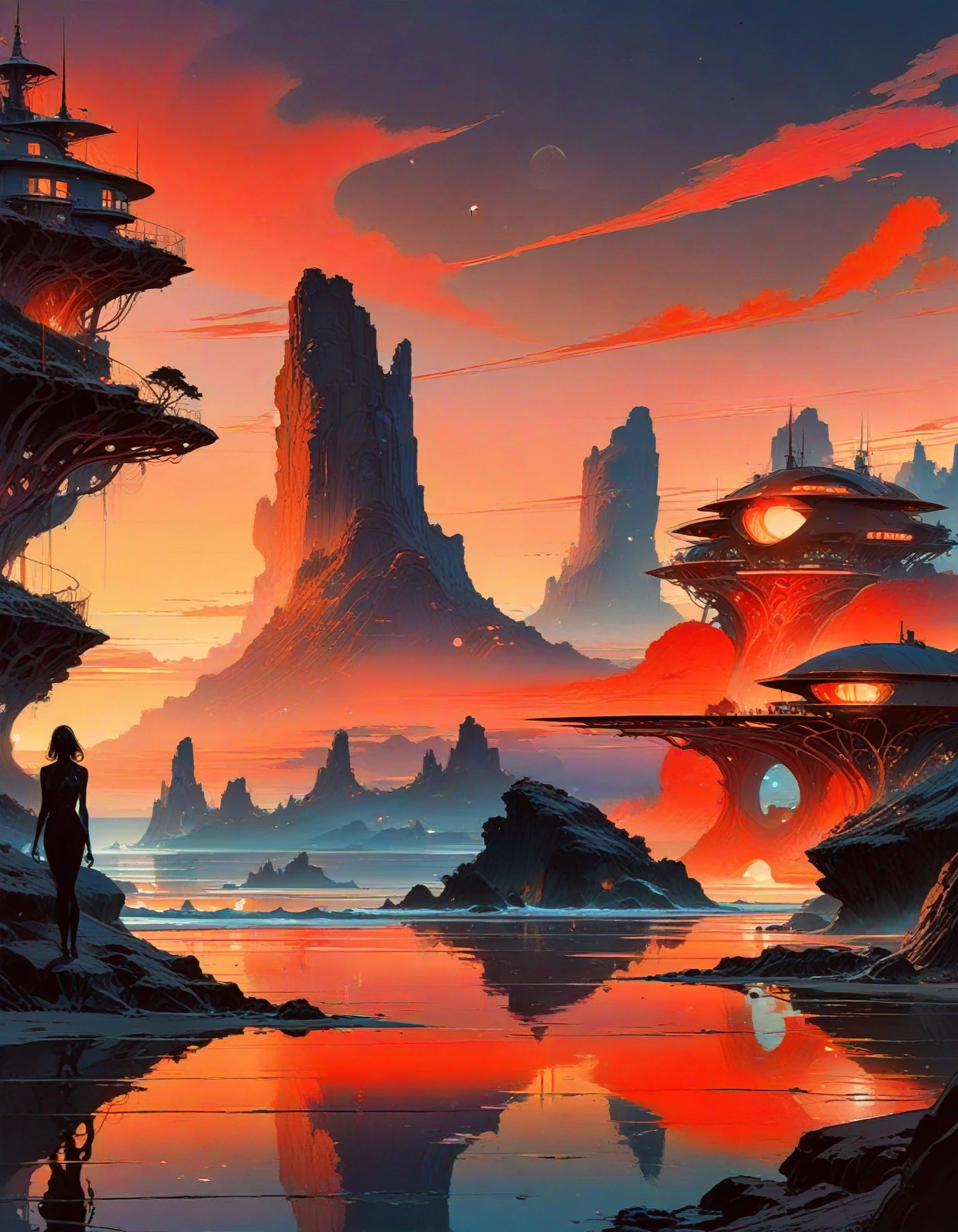 A beautiful, wonderous sci fi village in a coastal strand, depicted with vibrant colors and surreal landscapes, merging or...