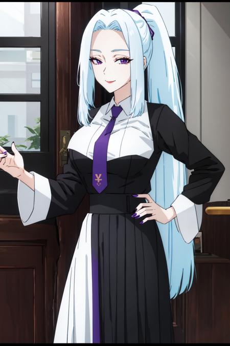 <lora:MeiMei-01:1> meimei, 1girl, solo, long hair, smile, long skirt, shirt, long sleeves, ponytail, white - light blue hair, necktie, indoors, nail polish, hand on hip, black shirt, window, lipstick, letterboxed, purple nails, anime coloring, full body, long hair, looking at viewer, age 40, busty, large breasts, milf, black dress