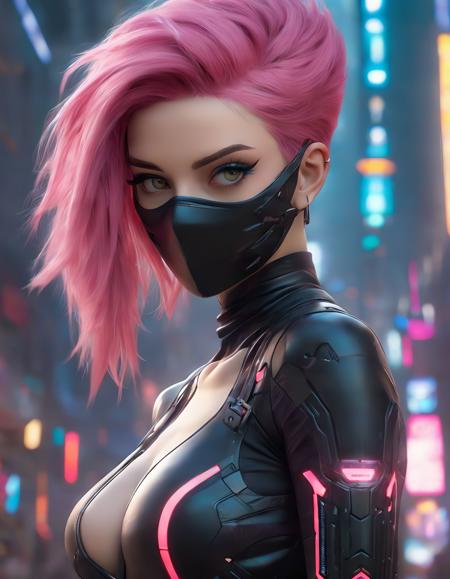 a woman with pink hair and a black mask is posing, beautiful cyberpunk girl face, marc brunet, realistic anime 3 d style, cyberpunk femme fatale, female cyberpunk anime girl, artgerm 4 k, cgsociety 9,  3d unreal engine, beutiful girl cyborg, by Igor Morski