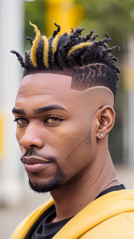 photo of a black man with a (yellow dreadlocks:1.1) mohawk undercut, detailed eyes, blurry background, bokeh, outdoors, night, dslr, d850, nose ring <lora:undercut_sd15_640x8:0.7>