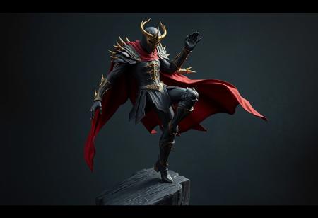 Surreal matte painting interpretation of a "Dark Souls" character figurine. The figure is captured in a dark, gravity-defying pose, balancing impossibly on one leg. Exaggerated black and gold armor with dramatic spikes and complex Houdini Style procedural details is rendered with painterly depth. A deep red cape flows like liquid over the shoulders. The black mask with gold accents is a void within a void. The character is the intense, central focus against a moody, dark, textured background that feels both infinite and claustrophobic. The composition utilizes a Creative Angle and the Golden Ratio for unsettling balance. Stunning Colors clash and blend Harmonious Colors create an intense mood. Beautiful Matte Painting textures and brushwork, influenced loosely by Raphael Style drama and form. Captivating Lighting creates deep shadows and sharp highlights. Isometric perspective, Dynamic Action Pose, Joyful Impact (interpreted through the intensity of creation), Powerful Message (of perseverance). fantasy
