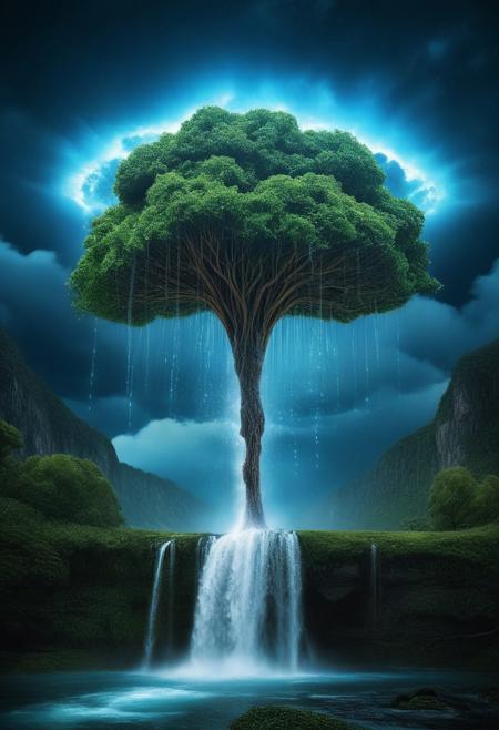 tree floating in the air with a waterfall falling from its roots in cumulonimbus clouds on planet earth, Leaves shaped like bioluminescence water drops.