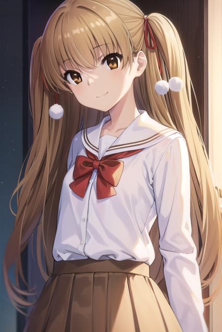 miutakanashi, <lora:miu takanashi s1-lora-nochekaiser:1>,
miu takanashi, long hair, blonde hair, ribbon, twintails, (brown eyes:1.5), hair ribbon, two side up, smile,
BREAK skirt, long sleeves, school uniform, serafuku, white sailor collar, red skirt, (white shirt:1.2),
BREAK indoors, classroom,
BREAK looking at viewer, (cowboy shot:1.5),
BREAK <lyco:GoodHands-beta2:1>, (masterpiece:1.2), best quality, high resolution, unity 8k wallpaper, (illustration:0.8), (beautiful detailed eyes:1.6), extremely detailed face, perfect lighting, extremely detailed CG, (perfect hands, perfect anatomy),