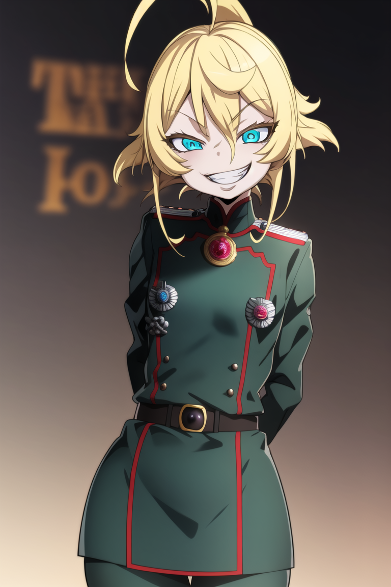 <lora:Tanya Degurechaff-000003:0.8>, 1girl, blonde hair, ahoge, military uniform, TanyaTheEvil, blue eyes, grin