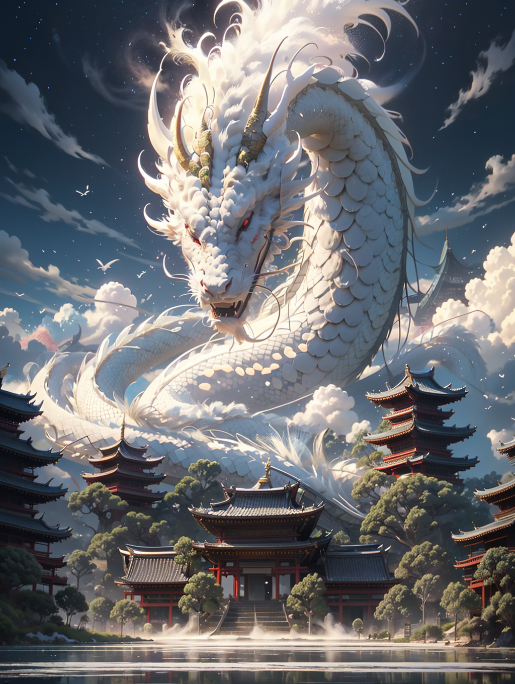 BJ_Sacred_beast,red_eyes,outdoors,horns,sky,cloud,no_humans,bird,cloudy_sky,scenery,stairs,fantasy,dragon,architecture,eas...