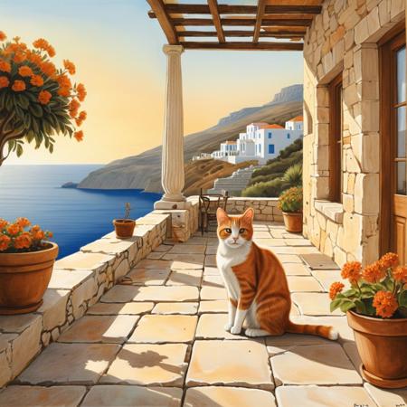 Drawing. Warm tones.
A cat on the stone patio of a Greek house, overlooking the ocean.
<lora:CountryComfort01a_CE_XL_300-OT:0.4> cntrycmfrtCE_style