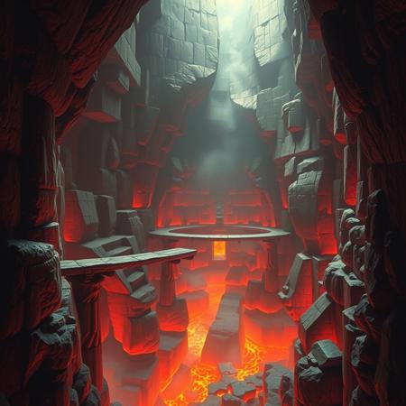 A liminal space within the Fire Temple from The Legend of Zelda: Ocarina of Time—a vast, ancient structure buried deep within the earth, where heat distorts the air and time feels like it has melted away. The towering stone walls are cracked and scorched, glowing faintly with an ember-red hue. Fissures in the ground pulse with molten lava, casting flickering shadows that seem to move on their own.
The silence is oppressive, broken only by the low, distant rumble of shifting rock and the occasional hiss of steam escaping unseen vents. Stone bridges stretch across vast pits of fire, suspended over an abyss that feels endless. The corridors, lined with intricate but worn-down carvings, spiral into darkness, their paths unclear—almost as if the temple itself is shifting, alive in its slumber.
Despite the suffocating heat, the air feels eerily still, untouched by wind or movement. The temple is empty, yet the sensation of being observed lingers, as if something ancient is buried within its depths, waiting. The Fire Temple exists in a space outside of time—a forgotten furnace, still burning, long after its purpose has been lost.