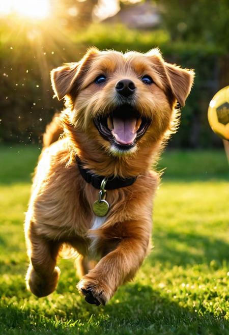 Norfolk Terrier, 
mid-tumble over a well-worn football, 
tongue lolling out in a wide grin, 
evening golden light casting elongated shadows, 
playful scene unfolding in a lush, 
green backyard, 
focus on gleeful expression, 
fur texture detailed, 
dynamic motion blur emphasizing playfulness, 
shallow depth of field with bokeh effect in background, 
sun flare, 
digital painting, 
vibrant color palette, 
high resolution.