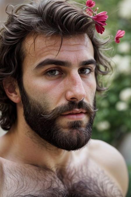 A close-up photo of a handsome hairy chested fit italian man, flowers, looking the viewer