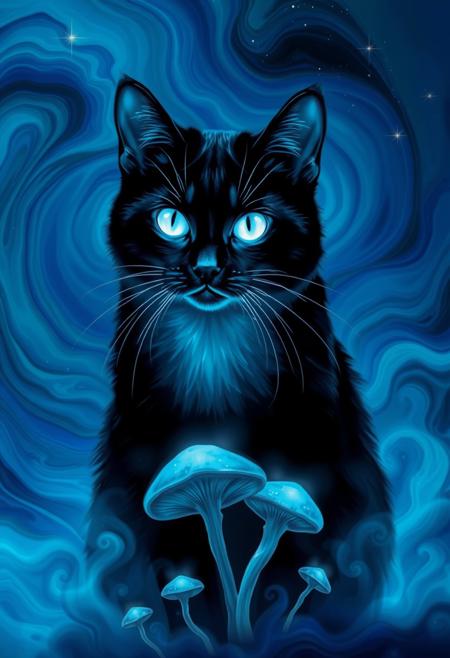 Highly detailed glowing blue ethereal ghost transparent black cat with glowing white eyes.  Swirling background composed of rich blues, teals, and purples, suggesting a mystical with cosmic stars environment. The backdrop appears almost liquid, with the colors merging and flowing into one another, creating a dreamlike, ethereal atmosphere. Below the cat, abstract, mushroom-like forms and organic shapes emerge, enhancing the otherworldly feel of the image. The cat’s bright, piercing eyes draw attention, making it the focal point of this enchanting and mysterious scene, as if it exists within a magical or alternate dimension.