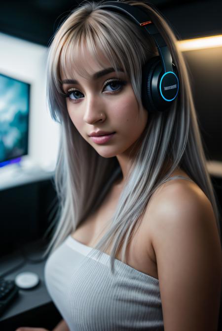 best quality raw photo of (B3ll4R0m301:0.99),a woman as a e-girl, (cosplaying as movie character:1.4),((egirl:1.2)), model style, (extremely detailed CG unity 8k wallpaper), (gaming room with rbg lighting:1.3), Intricate, High Detail, Sharp focus, dramatic, ((photorealistic)), ((gaming pc:1.4)), (gaming chair:1.2), ((shelves with pop culture figurines:1.3)), ((trendy posters on wall:1.2)) , (looking at viewer), (detailed pupils:1.2), (high detailed skin:1.2), (textured skin), (closeup:1.2), (realistic:1.2), (lifelike:1.2), 8k uhd, dslr, soft lighting, high quality, film grain, Fujifilm XT3 sharp focus, f 5.6, 8k uhd, dslr, soft lighting, high quality, film grain, Fujifilm XT3 sharp focus, f 5.6,, cinematic light, sidelighting, Fujiflim XT3, DSLR, 50mm ,<lora:add_detail:0.4>, <lora:LowRA:0.5>