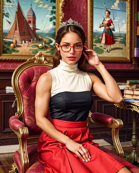 ChzAllisonS, (realistic, hyperdetailed:1.3) photo of 1girl as a strict librarian, the Queen of Quiet demands a symphony of silence, glasses, turtleneck, skirt, bejeweled tiara, (stern expression), sensible hairstyle, comfortable armchair throne, library kingdom background, (looking at viewer), Shhhh!, (masterpiece, best quality:1.5),