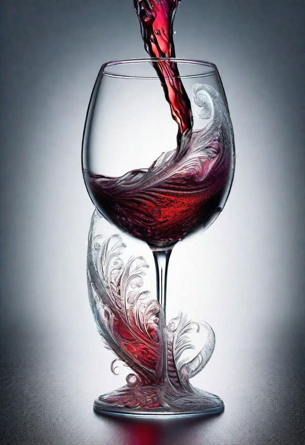 A wine glass with a red liquid in it and a leaf design on the stem.