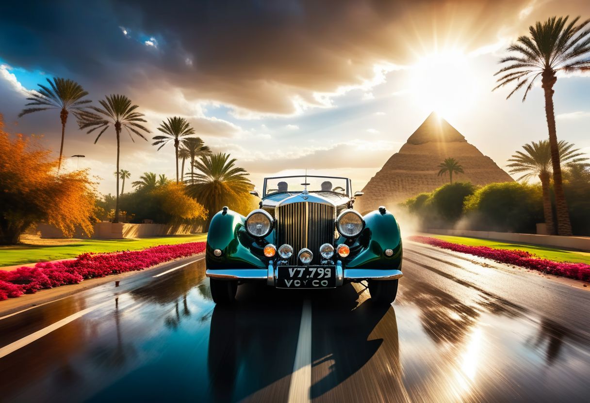 cinematic photo of Bentley Royce V12 special 1937, magnificent three pyramids of Giza appear clearly, charm, highly detailed car, Professional lighting, full of life, Lively and energetic, 8K, rays of sun flow beyond heavy clouds, HDR, Fast & Furious movie, motion blur, moving tires, Cinematic Shot, Cinematic Lighting, amazing world, pure perfection, Need For Speed, wide angle exterior background, wet asphalt road, autumn leaves, grass, flowers, jasmine flowers, palm trees, nebula horizon.