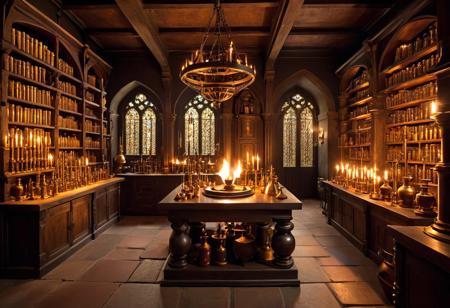 (medieval alchemist's laboratory, mysterious atmosphere:1.2), step into the enigmatic world of a medieval alchemist's laboratory, where shadows dance amidst flickering candlelight and the air is thick with the scent of ancient tomes, exotic ingredients, and arcane knowledge. Picture a dimly lit chamber filled with shelves of glass vials, bubbling potions, and intricate alchemical apparatus that hint at the secrets of transmutation and transformation. The room is shrouded in an aura of mystery and mysticism, with symbols of the planets, zodiac signs, and mystical sigils adorning the walls, each imbued with esoteric meaning and hidden power. Ancient texts written in forgotten languages line the dusty shelves, their pages filled with cryptic formulas, alchemical recipes, and the wisdom of ages past waiting to be unlocked. The alchemist's workbench is a symphony of brass instruments, retorts, alembics, and athanors, each tool a conduit for the alchemical processes that seek to unravel the mysteries of the cosmos. As you gaze upon the alchemist's laboratory, feel the weight of centuries of knowledge, experimentation, and contemplation that permeate the very walls, inviting you to unlock the secrets of the universe hidden within its hallowed confines.