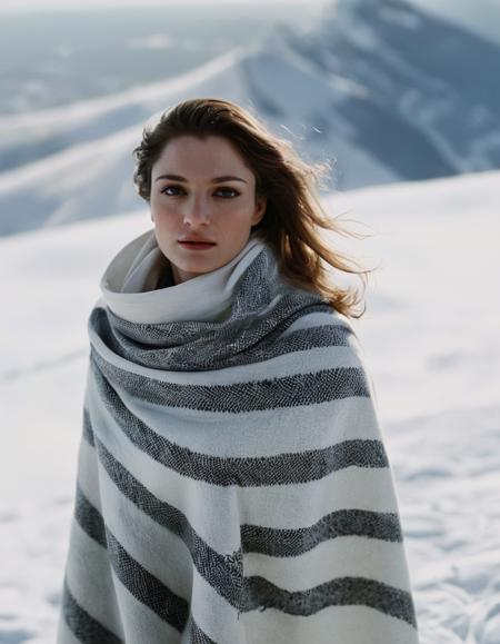 ohwx,Atop a snow-covered mountain, with the world below shrouded in a serene blanket of white, stands a cinematic photo, full body shot focus, Photorealistic portrait in breathtaking detail, photo scanned at ultra-high resolution, by Helmut Newton and Peter Lindbergh. Soft light source from the side, captivating expression, flawless skin, 35mm photograph, film, bokeh, professional, 4k, highly detailed