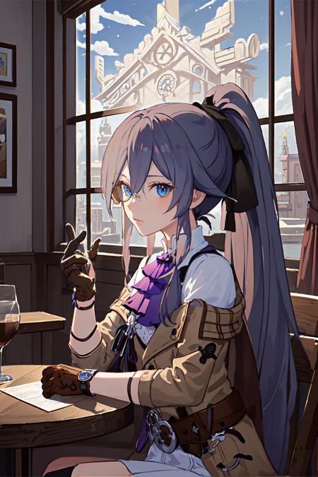 (masterpiece, top quality, best quality, official art, beautiful and aesthetic:1.2),extreme detailed,(fractal art:1.3), 1girl, solo,  <lora:FH_HoF_v1.0:0.9>, Fu Hua(HoF), brown coat, white shirt, purple ascot, brown gloves, belt,  wrist watch, monocle, ponytail, upper body, long hair, indoors, coffee mug, cafe, window, moonlight, portrait, table,