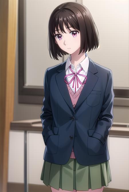 ichikaarima, <lora:ichika arima s1-lora-nochekaiser:1>,
ichika arima, short hair, brown hair, (pink eyes:1.3),
BREAK skirt, shirt, long sleeves, ribbon, school uniform, jacket, white shirt, pleated skirt, socks, collared shirt, red ribbon, kneehighs, neck ribbon, blazer, green skirt, black socks,
BREAK indoors, classroom,
BREAK looking at viewer, (cowboy shot:1.5),
BREAK <lyco:GoodHands-beta2:1>, (masterpiece:1.2), best quality, high resolution, unity 8k wallpaper, (illustration:0.8), (beautiful detailed eyes:1.6), extremely detailed face, perfect lighting, extremely detailed CG, (perfect hands, perfect anatomy),