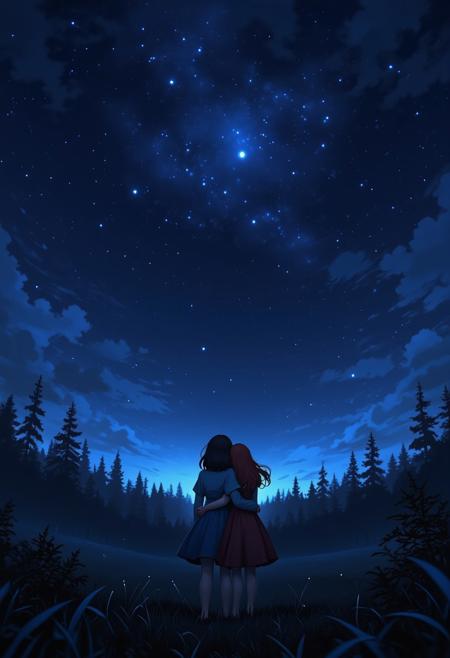 Midnight scene of two friends sharing a quiet moment, facing away from the viewer. The scene showcases a sky filled with shimmering stars and constellations, with an almost magical dark forest before them.   The lighting casts cool, mysterious shadows, enhancing the surreal beauty of the landscape. One figure with medium black hair wears a blue dress and cradles the other in her arms. The other girl has long red hair almost disappears into the arms of the other. Small details, like their hair catching in the wind, bring an extra layer of magic and realism to the scene.}bv-stuanilan<lora:bv-stunning-anime-landscape-v1.safetensors:1.0:1.0>