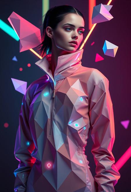 (hyper-structuralisim:1.5), surreal, conceptual, female figure, wearing abstract clothing, geometric shapes, vivid colors, futuristic fashion, polygonal patterns, neon lights, avant-garde, artistic composition, high resolution, sharp details, (digital art:1.2), (extra1:4), bold shapes, experimental design, sharp edges, glowing accents, unconventional beauty, floating elements, (hyper-realistic textures:1.4), intricate details, modern art, defying expectations, unique patterns, (blurry:-1.6), (low-resolution:-1.7), (overexposed:-1.4), (dull colors:-1.5), (boring composition:-1.4), (unrefined shapes:-1.6), (flat lighting:-1.5), (generic design:-1.6)