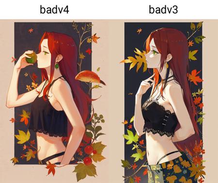 best quality, masterpiece, original, highres, illustration, best lighting and shadow, aesthetic wallpaper, amazing, beautiful, grapes, 1girl, fruit, food, leaf, jewelry, earrings, profile, orange hair, long hair, green eyes, solo, upper body, from side, bare shoulders, animal, midriff, autumn leaves, red hair, acorn, hand up, navel, holding