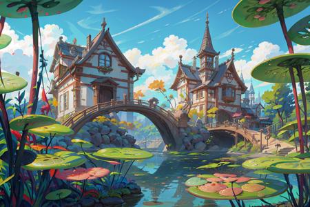 2D ConceptualDesign, scenery, lily pad, outdoors, sky, cloud, no humans, day, water, building, blue sky, tree, boat, watercraft, house, bridge, fantasy, artist name <lora:Stylized Concept design CG:0.8>