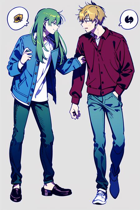 masterpiece, best quality, <lora:fstyle01-000010:1>, enkidu (fate), androgynous, green hair, long hair, spoken musical note, blonde hair, pants, shoes, jacket, green eyes, shirt, musical note, full body, very long hair, ponytail, looking at another, simple background, spoken squiggle, red shirt, short hair, brown footwear, long sleeves, squiggle, 1other, black footwear, open clothes, gilgamesh (fate), standing, bangs, smile, eighth note, coat, collared shirt, grey background, alternate costume, jeans, off shoulder, earrings, jewelry, grey jacket, blue pants, open mouth, multiple boys, denim, speech bubble, red eyes, 2boys, grey pants, hand in pocket, white shirt, eye contact, open jacket, black pants, casual, 1boy