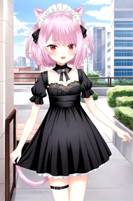 <lora:mikeneko_third_modal:0.8>, mikeneko3, 1girl, solo, looking at viewer, pink hair, red eyes, cat ears, cat girl, cat tail, collarbone, short sleeves, short hair, animal ear fluff, black dress, short dress, boots, bangs, black bow, ribbon, thigh strap, puffy short sleeves, pink cat tail, maid headdress, skin fang, frills, fang, high quality, masterpiece, upper body, standing, cowboy shot, outdoors, city,