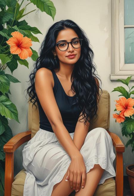 A captivating watercolor portrait of a 35-year-old Malayali woman exudes sensuality and charm. Her  black wavy hair frames her face, a , adding a touch of sophistication. Seated gracefully on an  chair, she crosses her legs, revealing her good   . The cinematic atmosphere envelops the scene, as if she is the protagonist of an engaging movie poster or painting. The illustration captures the essence of an alluring and enchanting character. full size, cartoon, mallu desi dusky skin  mildf  busdty cdurvy woman  smirk,(cute mouth,parted lips,beauty,lovely) ,(  black specs, )blacck ,long straight hair,forehead,nice detailed hair,multilayered hair:1.1)),(  ,nice eyes,detailed eyes,eyelashes:1) enjoyin rain, a hibiscus plant with many flowers on fore ground, cinematic view, her cute small kerala style house sit out on background, _cartoon