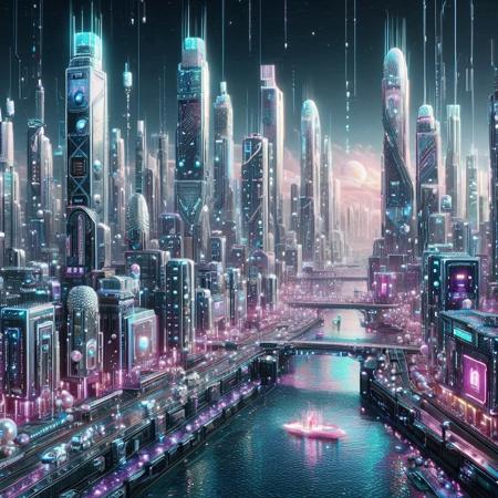 Pearlum,
8k, score_9, score_8_up, score_7_up,
masterpiece,realistic,ultra detailed, vibrant colors,photo-realistic,
A cyberpunk cityscape with iridescent pearl-like skyscrapers, glowing neon lights in blue, pink, and purple, holographic billboards, floating drones with pearl sheen, reflective water surfaces, intricate cybernetic details, futuristic and elegant, ultra-detailed, cinematic lighting, pearlescent textures, vibrant, dystopian yet luxurious atmosphere