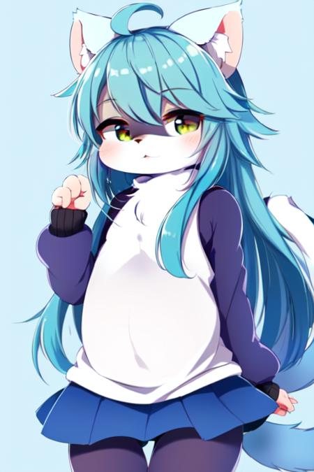 safe for work, (art by nefuraito336), (best quality:1.5), solo, furry girl, ((cyan cat)), ahoge, long hair, (cute round face), ((cyan body)), ((body fur)), (flat chest), fluffy tail, standing, one eye close,