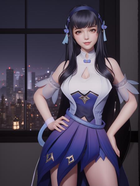 <lora:WZRYxishiYP:0.75>,WZRYxishiYP, 1girl, solo, long hair, black hair, looking at viewer,dress, hair ornament,bangs, bare shoulders,elbow pads,ribbon,hairband,cityscape, night,mature female, light smile, hand on hip, belt,window,