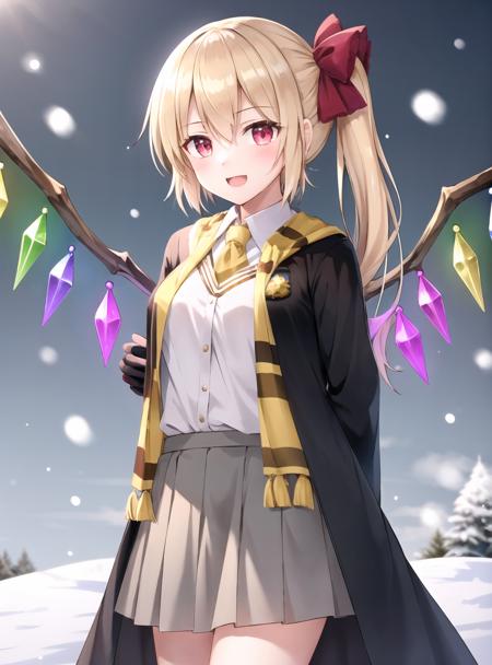 best quality, 1girl, flandre scarlet, blonde hair, vampire, red ribbon, red eyes, hogsks, hogwarts school uniform, hufflepuff, black robe, yellow scarf, (:3:0.5), (gray vest:1.2), gray skirt, outside, snow, black-yellow robe, crystal wings, side ponytail, (hands behind back:1.2)