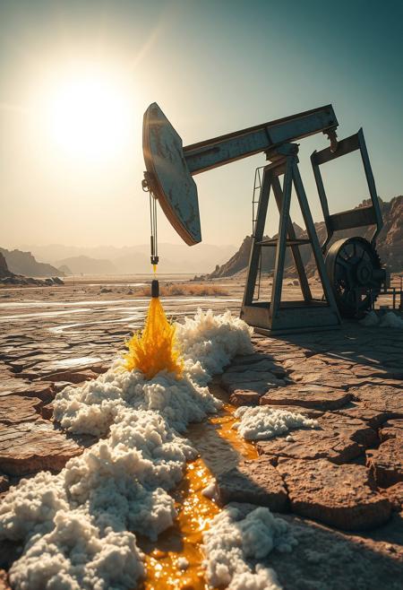 “A massive industrial oil extraction pump working tirelessly in the middle of a rugged desert landscape. Instead of crude oil, golden frothy beer gushes out from the pierced ground, splashing dramatically under the scorching sun. The scene is surreal, with foamy rivers of beer flowing through the cracked earth. The pump appears worn yet determined, its metallic arms glistening with condensation. The atmosphere is a mix of realism and absurdity, with a slightly exaggerated perspective to enhance the bizarre nature of the moment. Ultra-detailed, cinematic lighting, photorealistic textures, and a touch of painterly brushstrokes.”