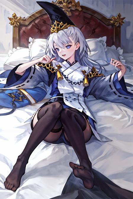 lying on bed, 1girl,solo,flowing_hair,black legwear,
 <lyco:Kuon-000009:0.7>,KuonHat,KuonMain,