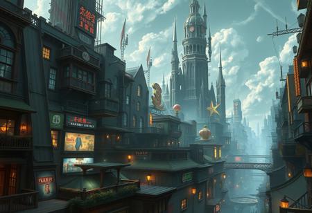A highly detailed, photorealistic image of an urban fantasy style cityscape
