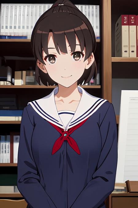 (masterpiece:1.6, best quality), (finely detailed beautiful eyes: 1.2),  ph_katou, katouhdshort, 1girl, phground, , solo, brown hair, school uniform, brown eyes, ponytail, short hair, bangs, smile, collarbone, serafuku, sailor collar, long sleeves, indoors, closed mouth, ribbon,
<lora:Katou_Megumi_FB_64:1>