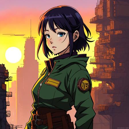 (beautiful woman), postapocalyptic, epic scene,, (Anime Scene, Toonshading, Satoshi Kon, Ken Sugimori, Hiromu Arakawa:1.2), (Anime Style, Manga Style:1.3), Low detail, sketch, concept art, line art, webtoon, manhua, hand drawn, defined lines, simple shades, minimalistic, High contrast, Linear compositions, Scalable artwork, Digital art, High Contrast Shadows, glow effects, humorous illustration, big depth of field, Masterpiece, colors, concept art, trending on artstation, Vivid colors, dramatic