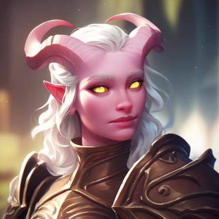 Tiefling, pointed ears, horns, colored sclera tail