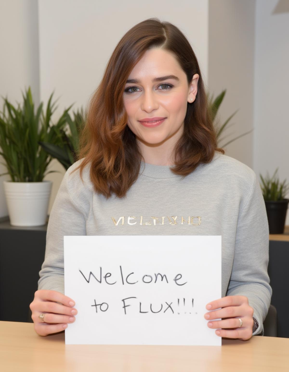 Instagram photo of emxclarke sitting at a table wearing a light grey sweatshirt, holding a sign that has the writing "Welcome to FLUX!!" written on it. She is looking at the camera with a slight smile and in the background are some office plants on either side of her out of focus.       <lora:Emilia_clarke_and_daenerys_FLUX_epoch_49:1>