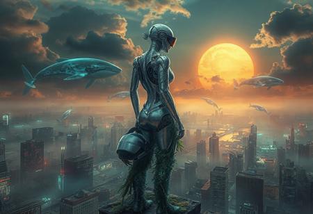 "**In the ruins of a flooded cyberpunk city, a lone AI-driven android woman stands atop a half-submerged skyscraper. Her silver body is fractured, overgrown with neon-lit algae and bioluminescent vines, reflecting the dying sun through toxic clouds. Around her, giant holographic whales swim in the polluted sky, flickering between broken advertisements and data storms. She gazes at the collapsing horizon, clutching a cracked VR helmet like a relic from a lost human civilization. Ultra-detailed, cinematic lighting, intricate textures, hyper-realistic rendering, atmosphere heavy with decay and neon glow, 8K resolution, dramatic perspective, masterpiece."