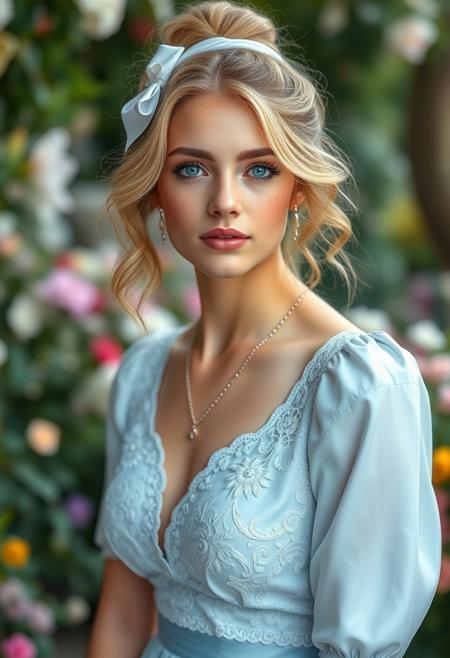 A full body portrait of an attractive 25 year old female, (cute round face with freckles:1.2), wavy bright blonde hair tied up with white bow, huge blue eyes, professional sexy makeup, delicate feminine jewellery, (light blue silk dress:1.2),(intricate lace detailing:1.2),(white stockings), blue heels, (beautiful garden party:0.8), (soft focus), (photorealistic), highly detailed, perfect detail, (masterpiece:1.2),